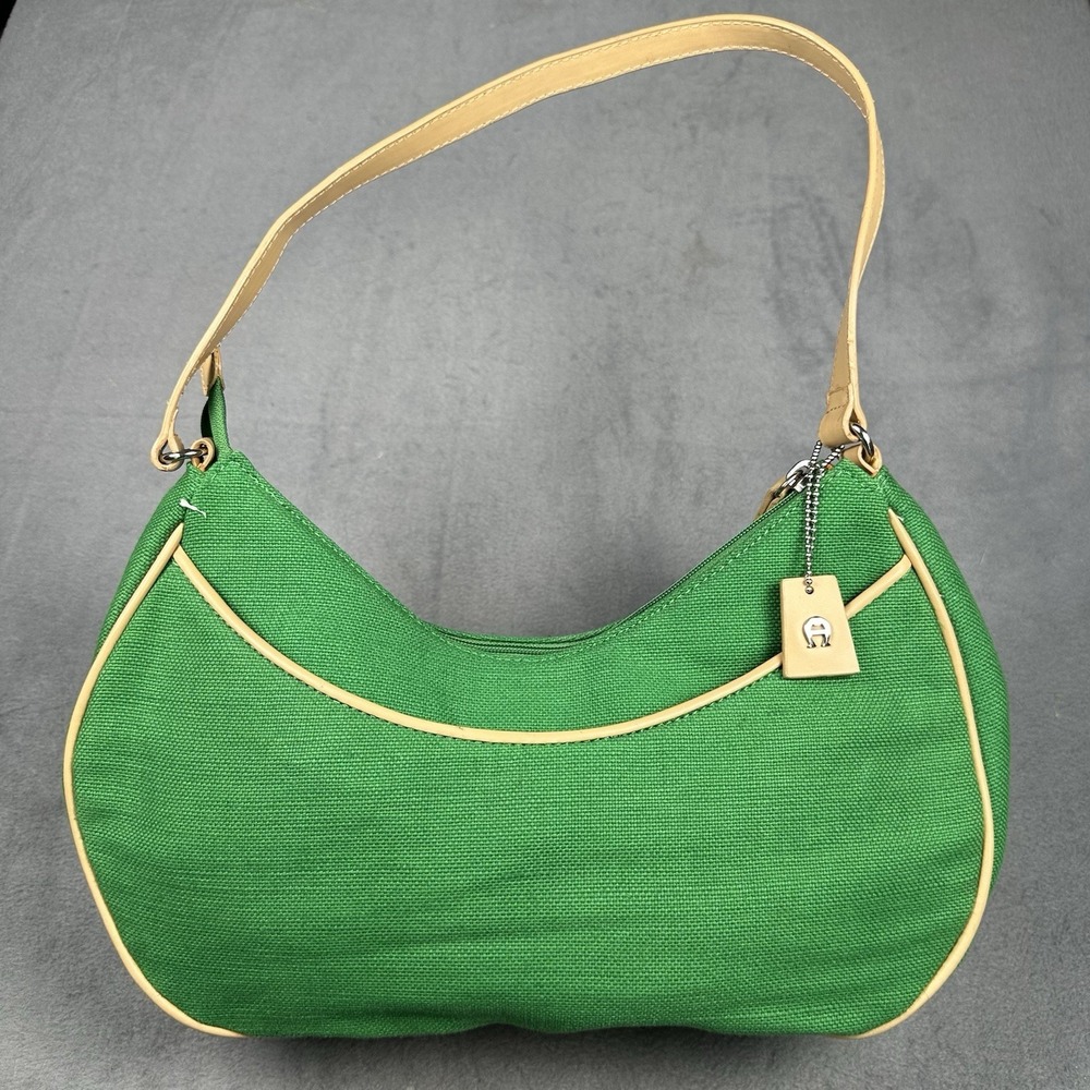 Etienne Aigner Green Canvas Shoulder Bag Tan Leather Trim Vintage Y2K Hobo Purse